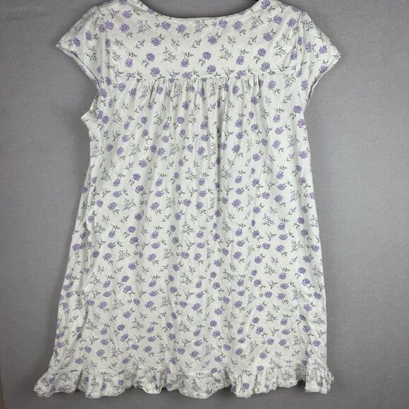 Eileen West L Short Cotton Nightgown Light Green With Purple Floral Print & Lace - Picture 5 of 5